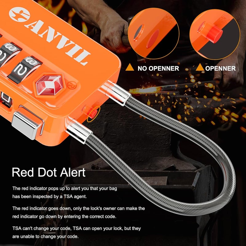 Anvil TSA Locks for Luggage with Search Alert: Durable Cable Combination Locks, TSA Approved - Secure Travel Locks for Suitcases, Backpacks & Gun Cases (2, Orange) - Image 3